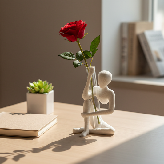 NObody Bloom sculpture with flower stem on a minimalist wooden desk with journal and plant — NObody Collection