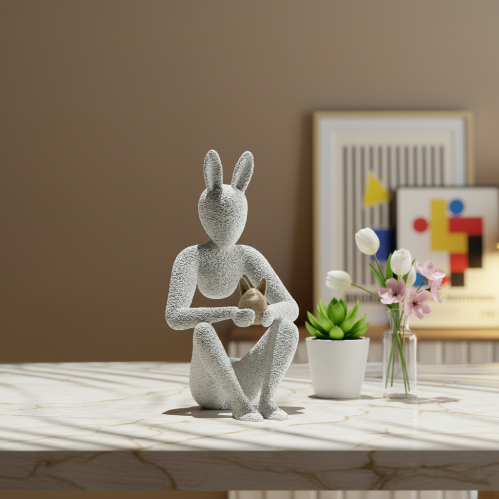 NObody Egg's Embrace sculpture on a minimalist wooden desk with spring flowers and plant — NObody Collection