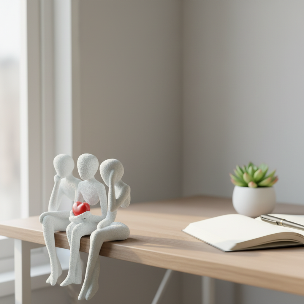 NObody Shelf Sitter Trio sculptures on a minimalist wooden desk with journal and plant — NObody Collection