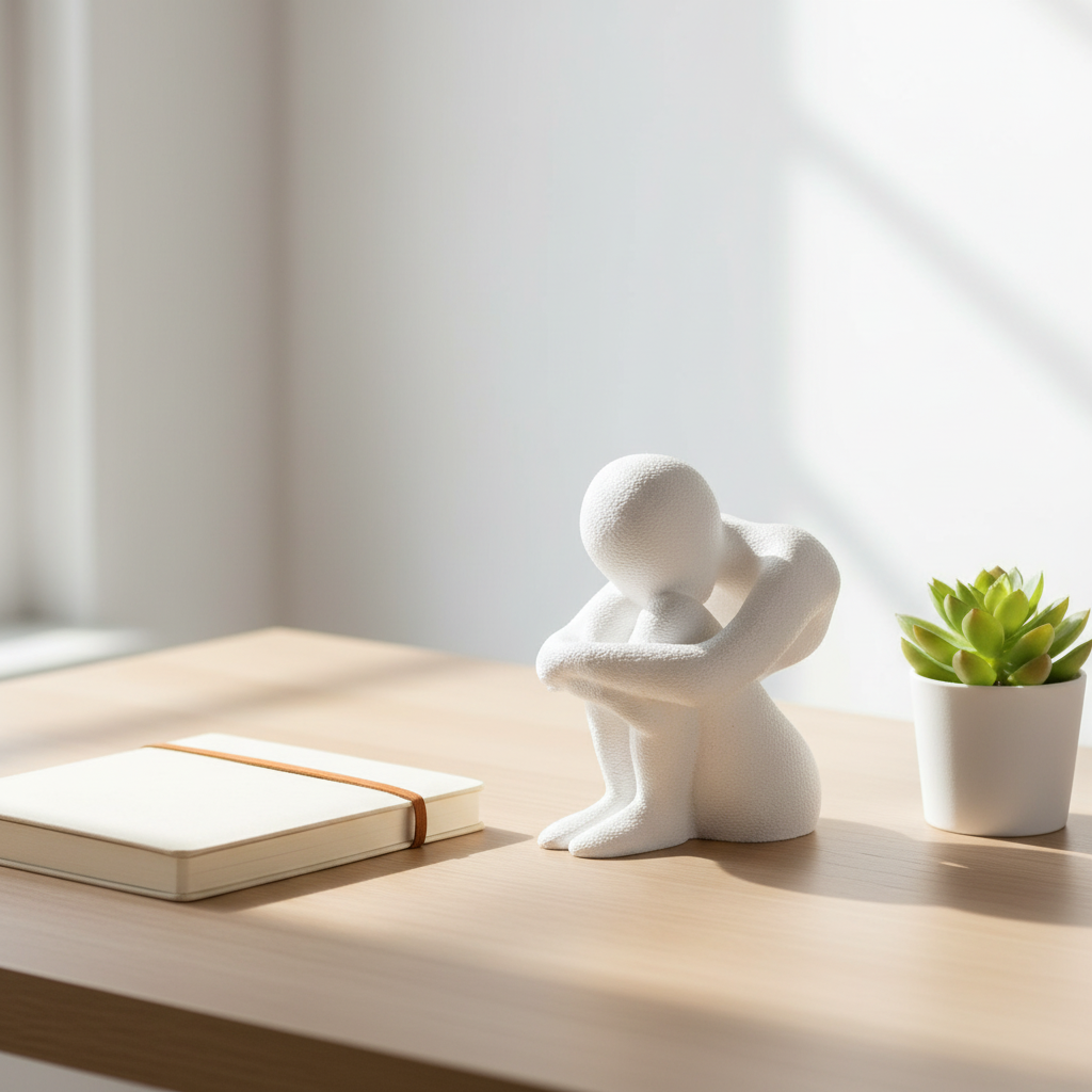 NObody Introspection V2 sculpture on a minimalist wooden desk with journal and plant — NObody Collection
