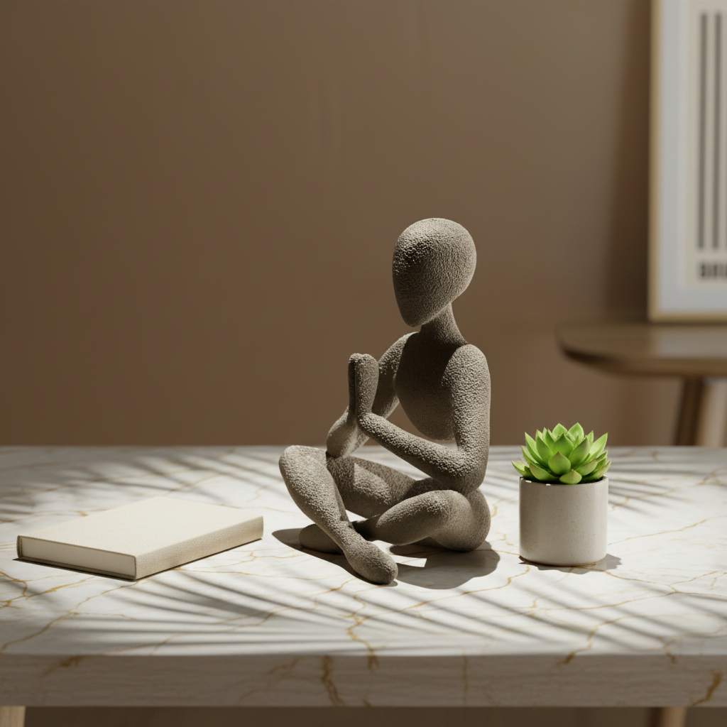 NObody Prayer sculpture on a minimalist wooden desk with journal and plant — NObody Collection