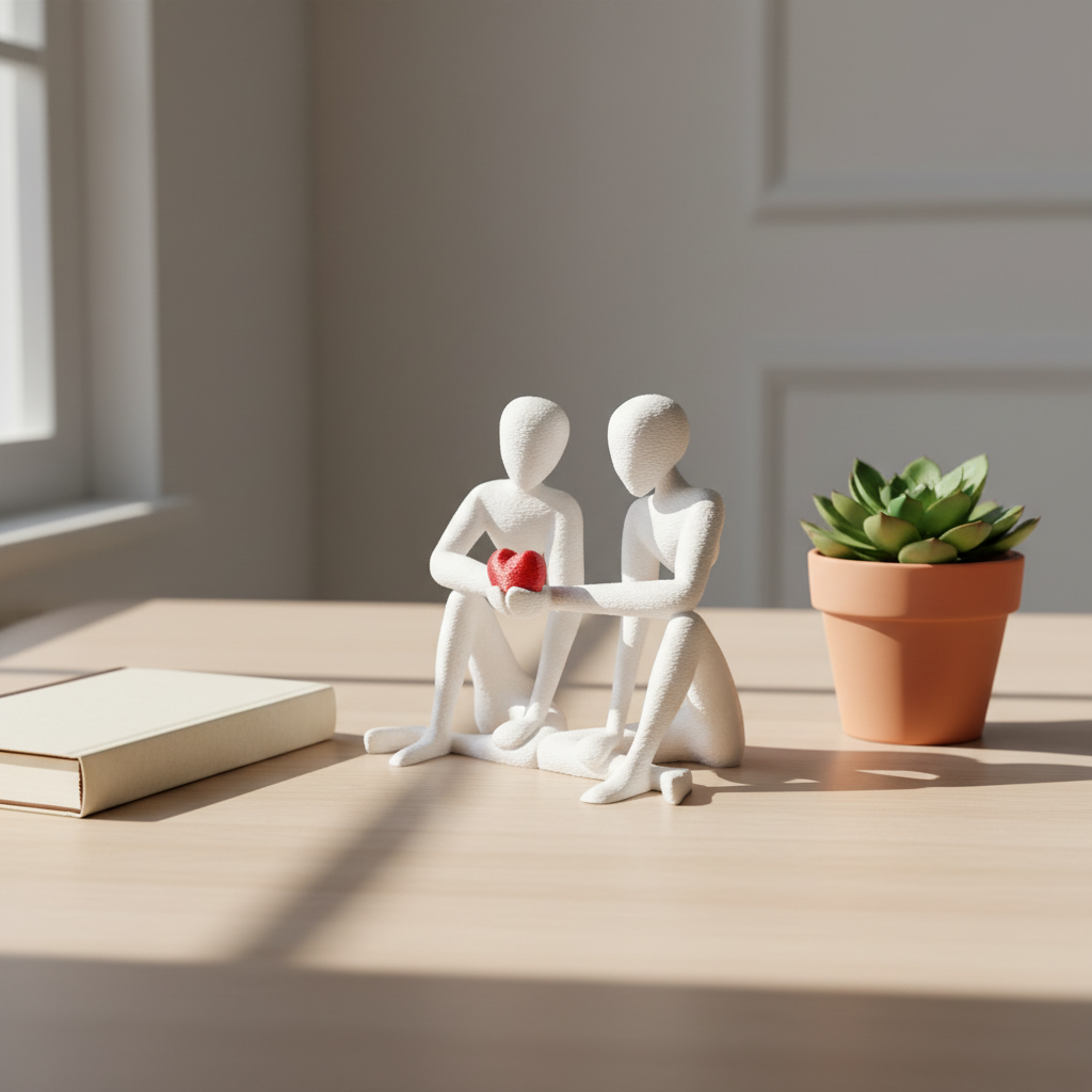 NObody Valentine sculpture on a minimalist wooden desk with journal and plant — NObody Collection