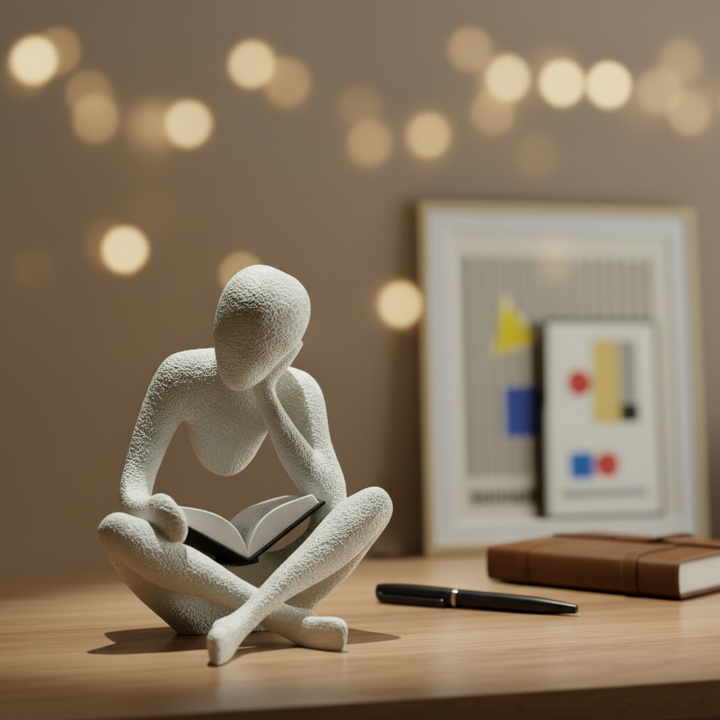 NObody Sculpture The Reader 3D printed figurine on a wooden desk with journal — contemplative home decor
