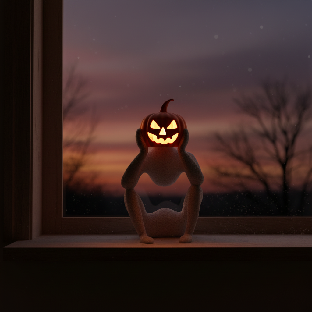 NObody Jack's Contemplation sculpture on a windowsill at dusk with moody orange sky — NObody Collection
