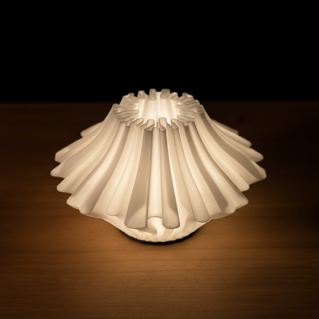 Top-down view inside the Zoan Flat Lamp showing the USB LED light source glowing through the white coral-inspired PLA shade