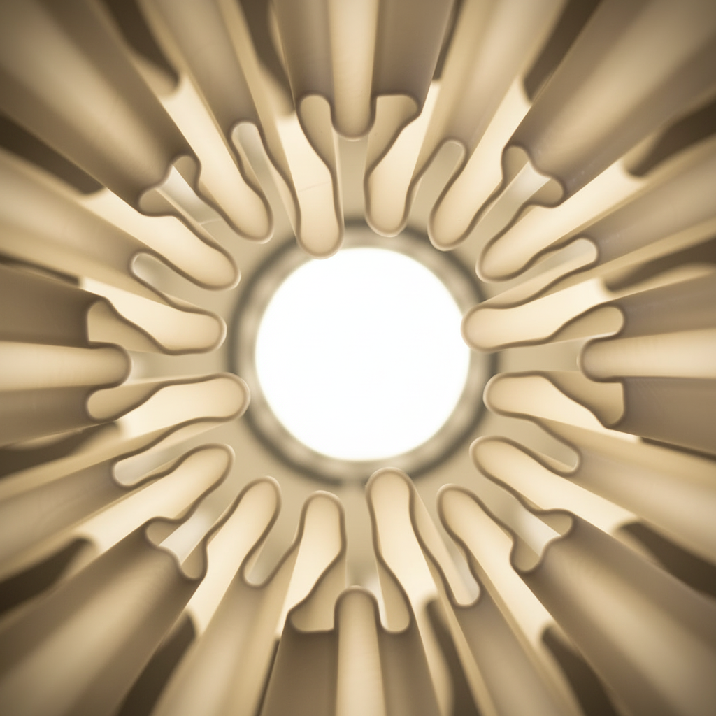 Zoan Flat Lamp with flat disc base on a wooden surface against a dark background, warm white light diffusing through the white PLA shade