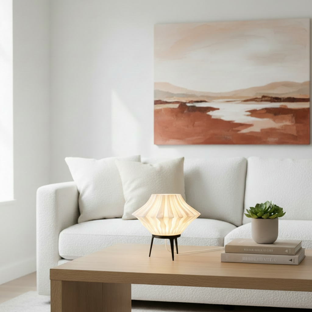 Zoan Flat Lamp with white PLA shade glowing softly on a coffee table in a bright Scandi living room
