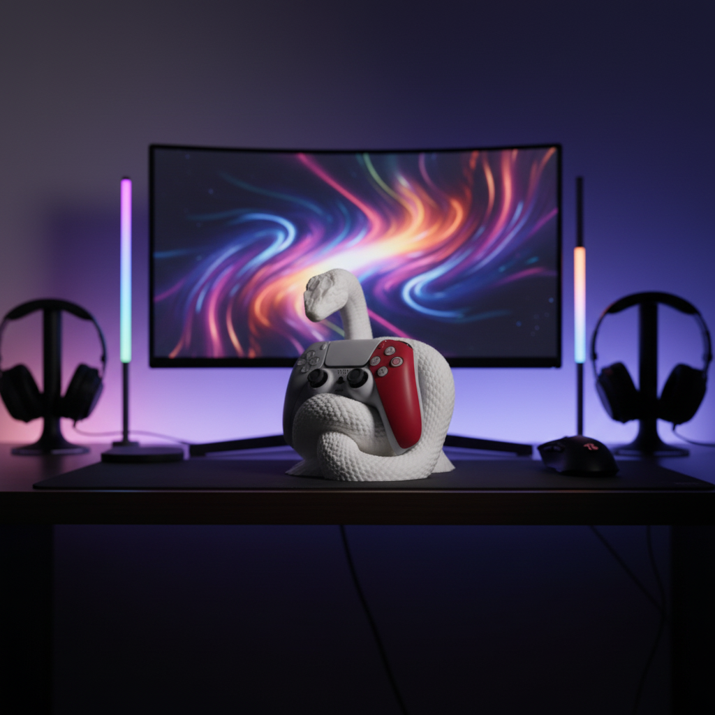 Serpens PS5 controller stand on a gaming desk with RGB lighting — Hidden Gems Collection