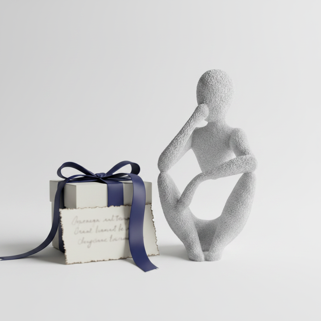 NObody Sculpture The Thinker 3D printed figurine beside a gift box — unique thoughtful gift idea