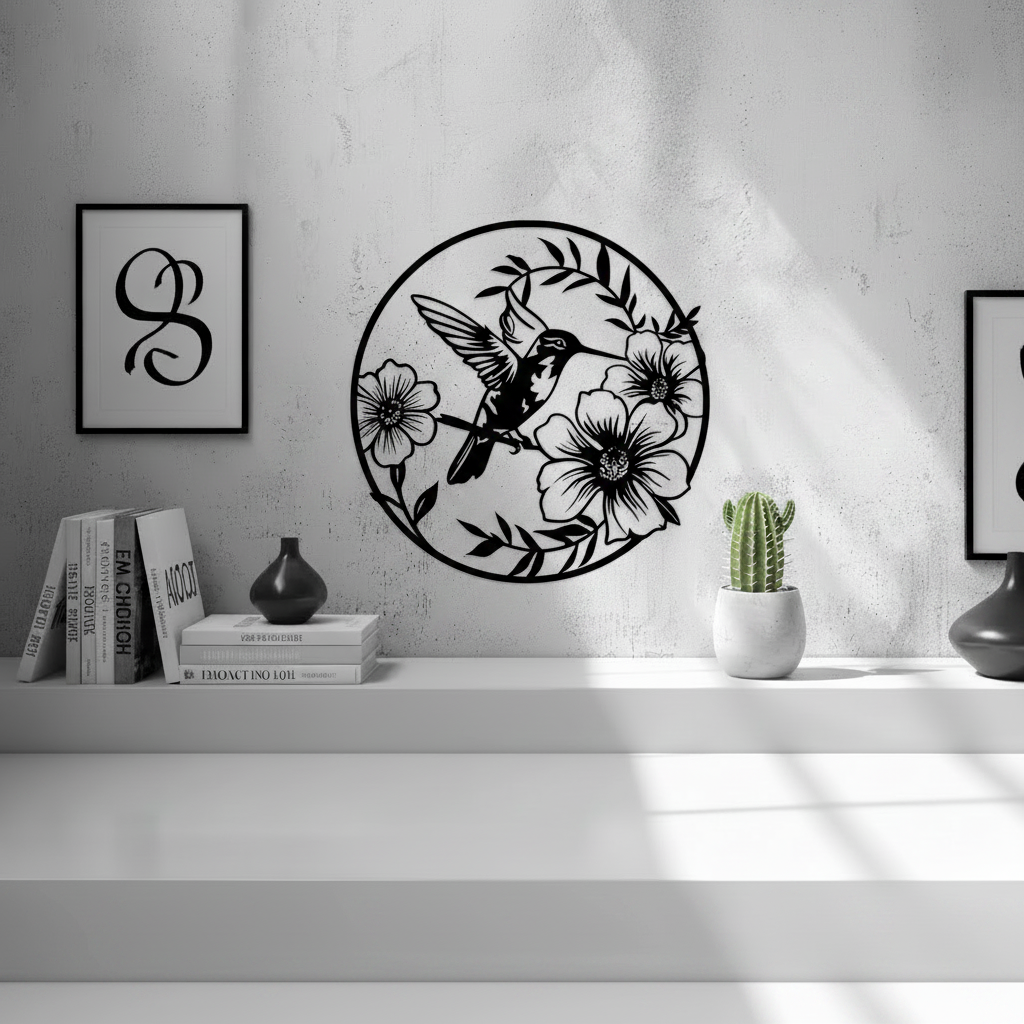Hummingbird With Flowers Wall Art — small and large sizes in jade white, grey and black — Creative3D Novelties