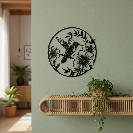 Black 3D printed circular hummingbird with flowers wall art mounted on a sage green wall above a natural rattan shelf with trailing plant, botanical living room in background, UK made