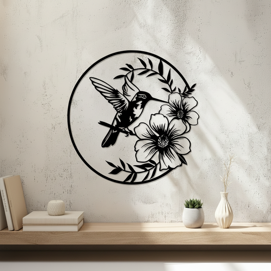 Hummingbird With Flowers Wall Art — 3D printed nature garden design, shown in home setting — Creative3D Novelties