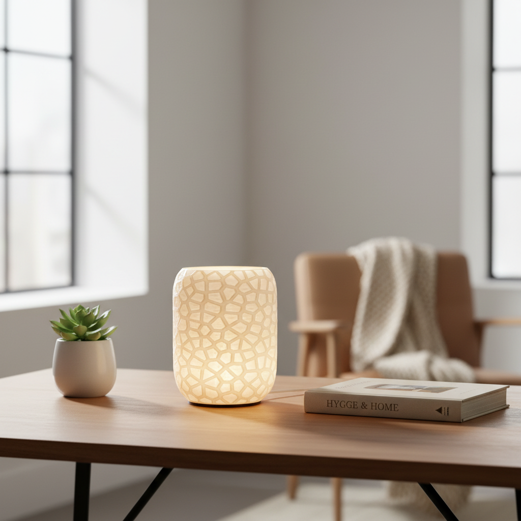 Voronoi Table Lamp in Jade White PLA glowing on a minimal Scandi-style wooden desk with soft natural light