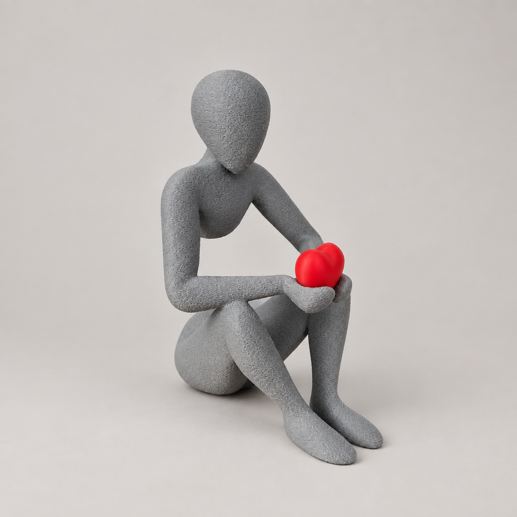 Love's Embrace NObody sculpture in Matte Ash Grey holding a red heart on a warm neutral studio background, opposite three-quarter view