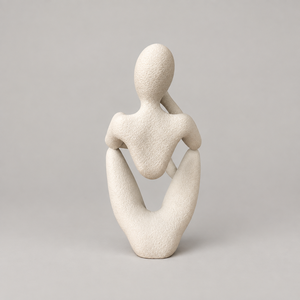The Thinker abstract sculpture in Matte Bone White on a warm neutral studio background, back view