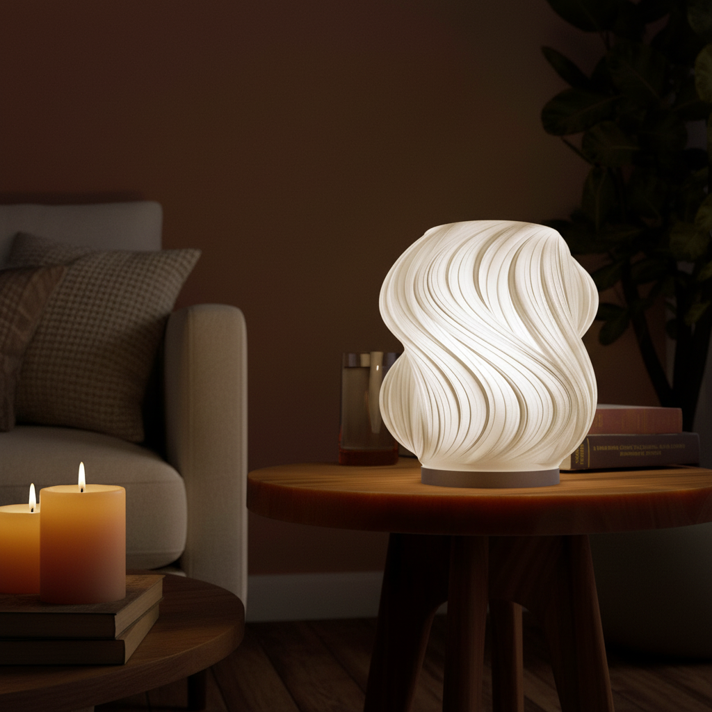 Brisa sculptural table lamp casting warm glow in a cosy evening living room — UK made 3D printed lighting