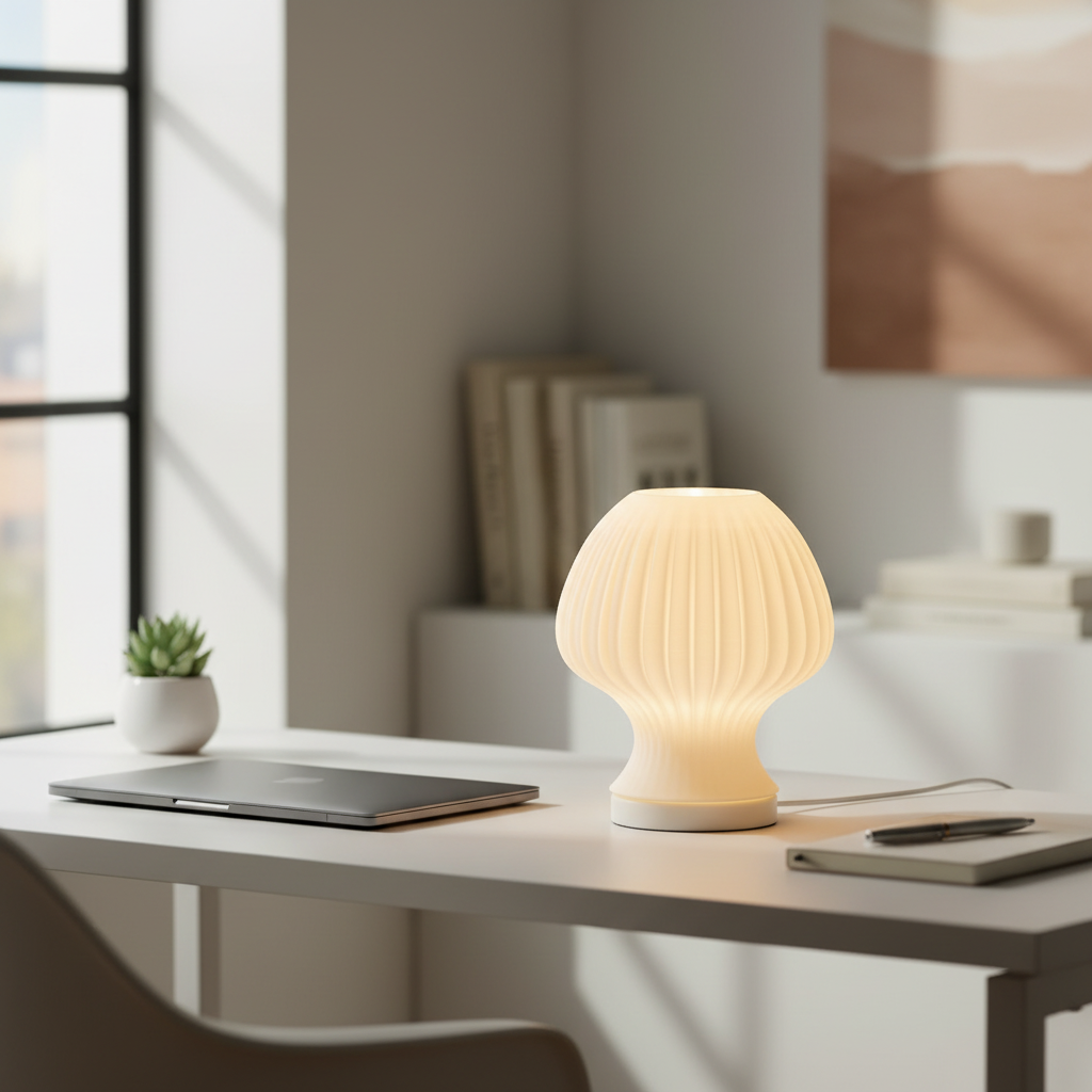 Blob Mushroom LED lamp in Jade White glowing on a desk in a bright workspace