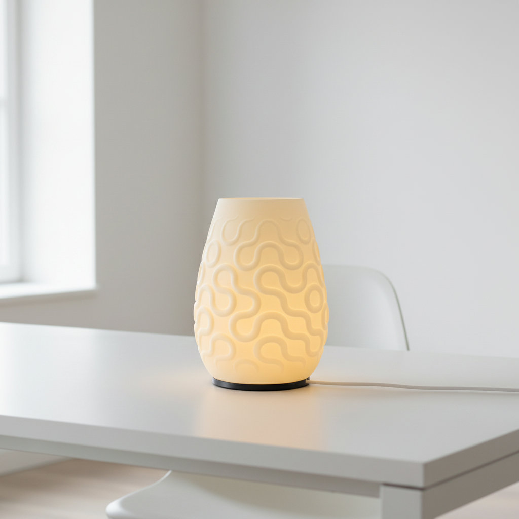 Seamless 3D printed decorative lamp on a plain white surface with soft natural lighting