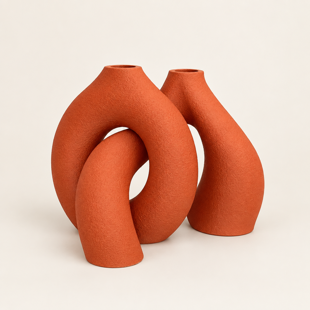 Front view of the interlocking Innesto and Donut vases in Matte Terracotta on a neutral background