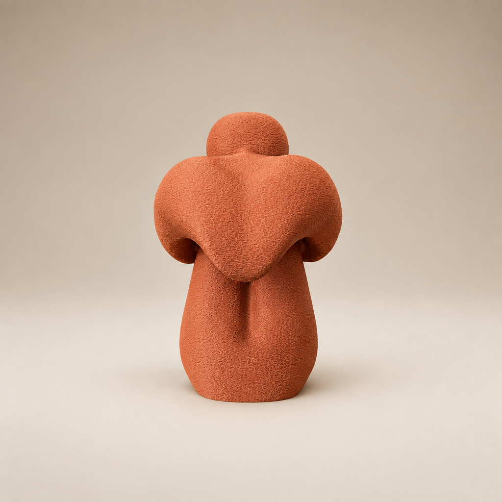 Rear view of matte terracotta Introspection V2 seated figure sculpture on a neutral studio background