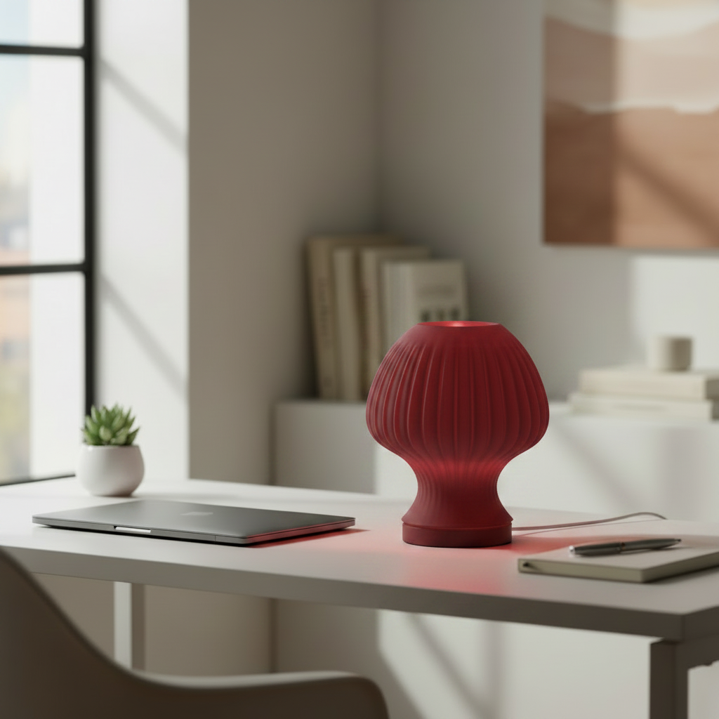 Blob Mushroom LED lamp in Maroon Red glowing on a desk in a bright workspace