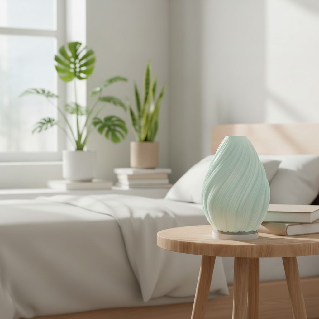Spiral Flame 3D printed LED table lamp with teardrop silhouette and diagonal pleated spiral texture in jade white, unlit on a round wooden side table
