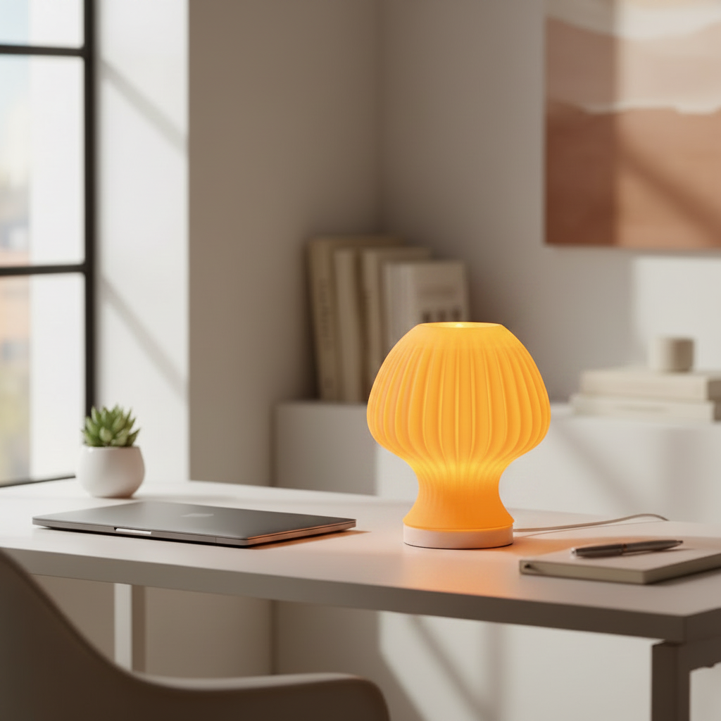 Blob Mushroom LED lamp in Pumpkin Orange glowing on a desk in a bright workspace