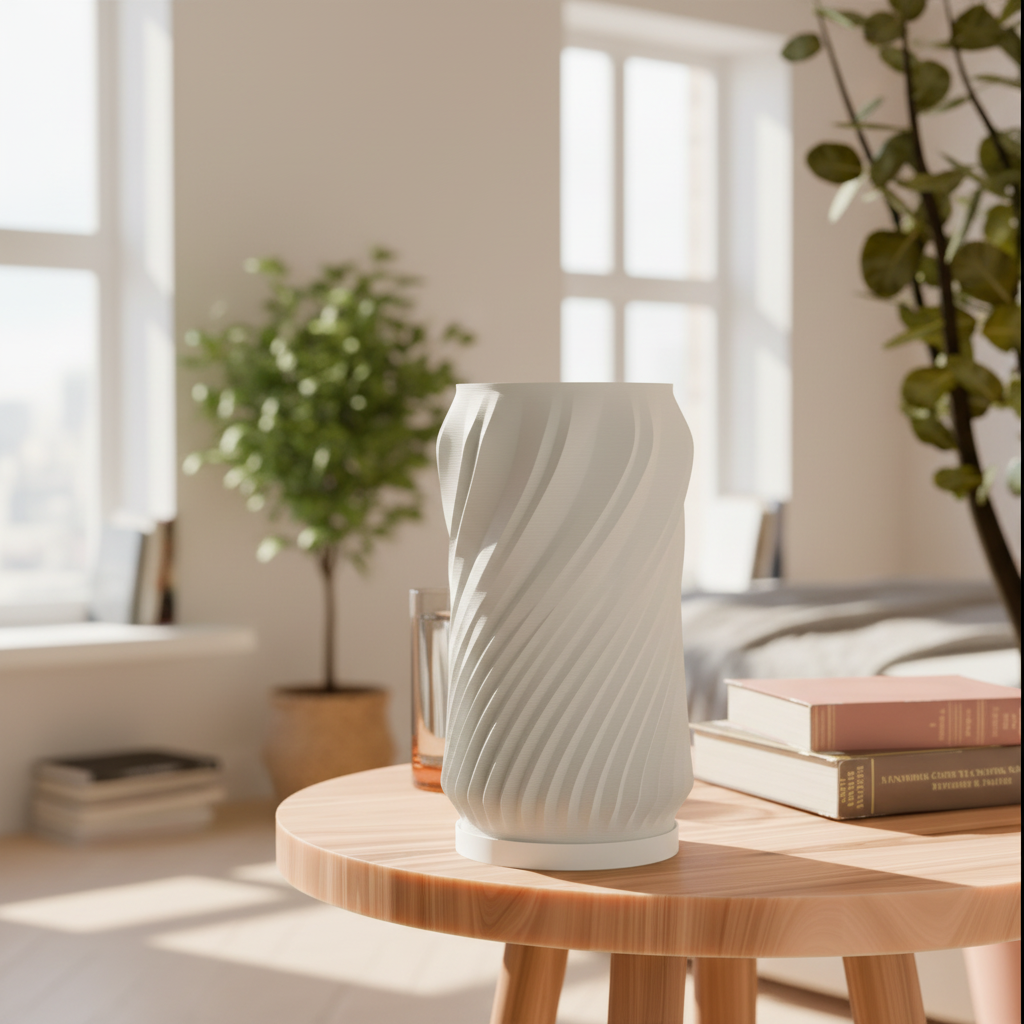 Minimalist Spiral 3D printed LED table lamp with waisted cylindrical silhouette and bold diagonal spiral pleat texture in jade white, unlit on a round wooden side table