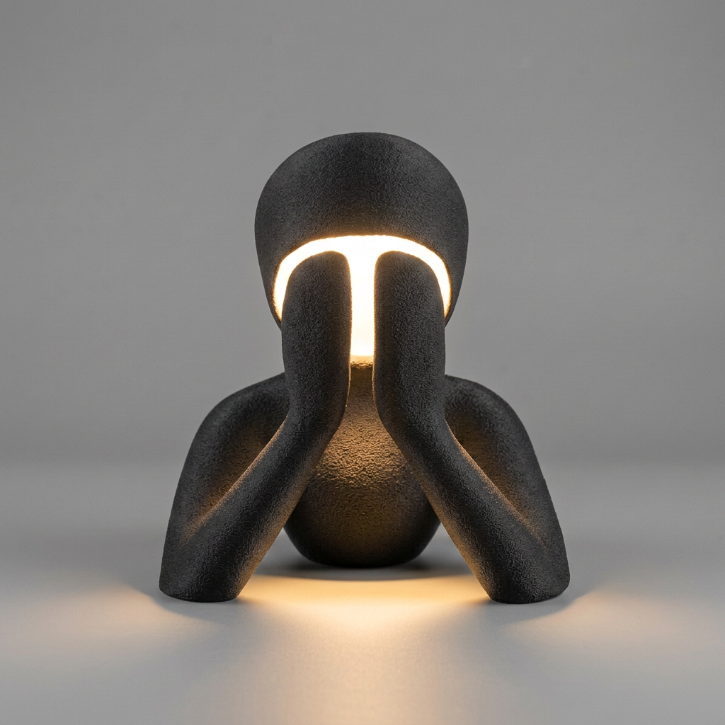 Front view of the Matte Charcoal Black NObody sculptural lamp illuminated against a grey studio background