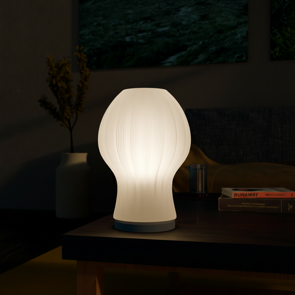 Aurora sculptural table lamp casting warm glow in a cosy evening living room — UK made 3D printed lighting