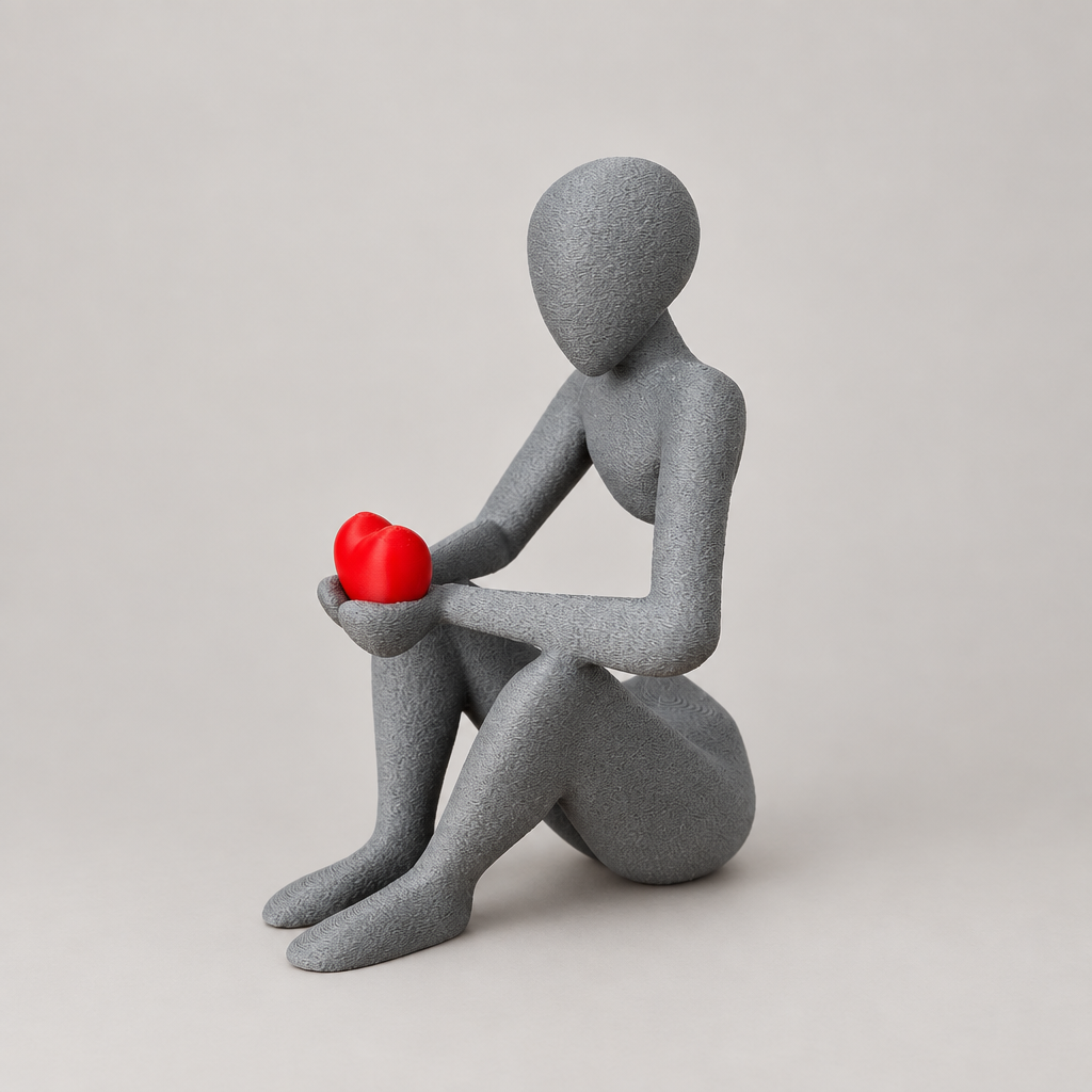 Love's Embrace NObody sculpture in Matte Ash Grey holding a red heart on a warm neutral studio background, three-quarter view