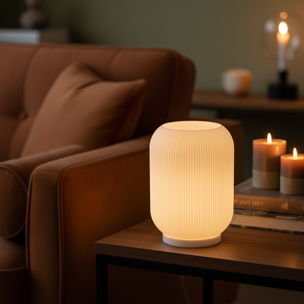 Sophie sculptural table lamp casting warm glow in a cosy evening living room — UK made 3D printed lighting