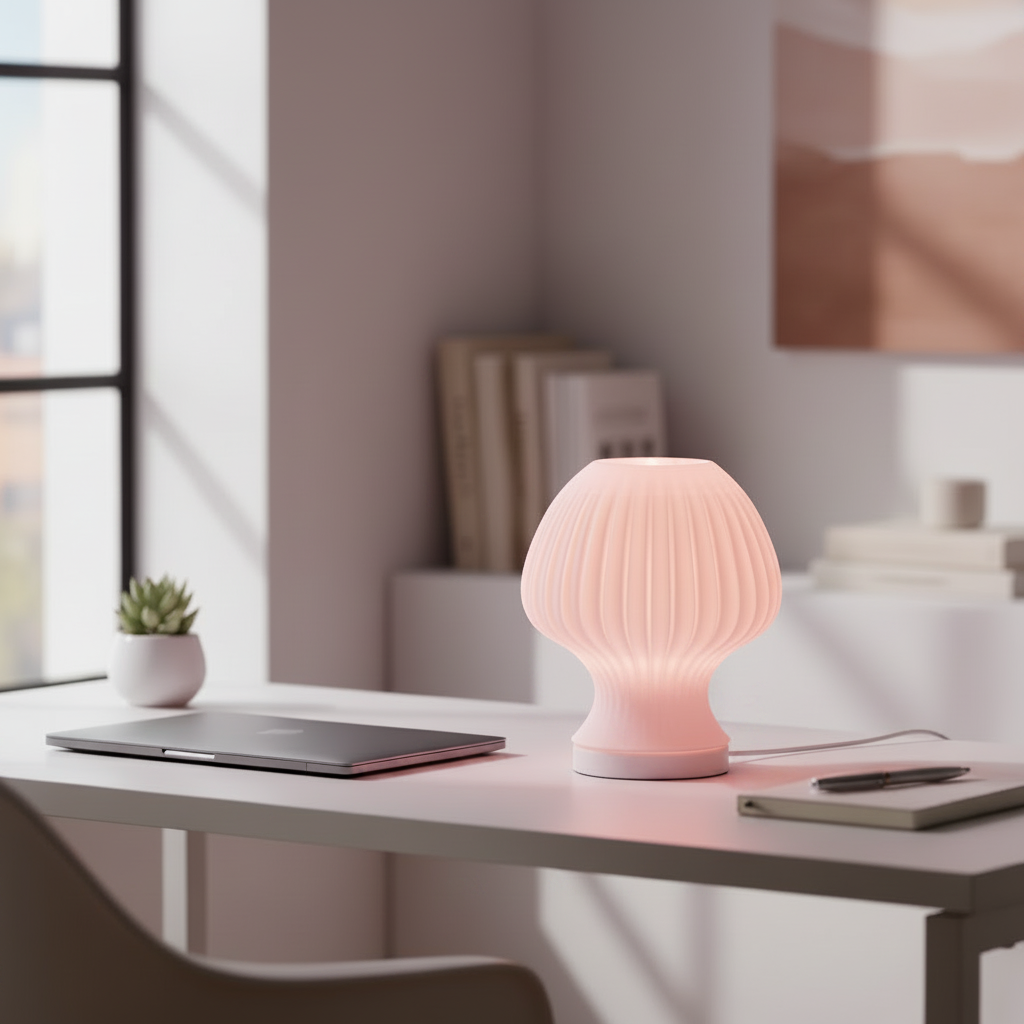 Blob Mushroom LED lamp in Pink glowing on a desk in a bright workspace