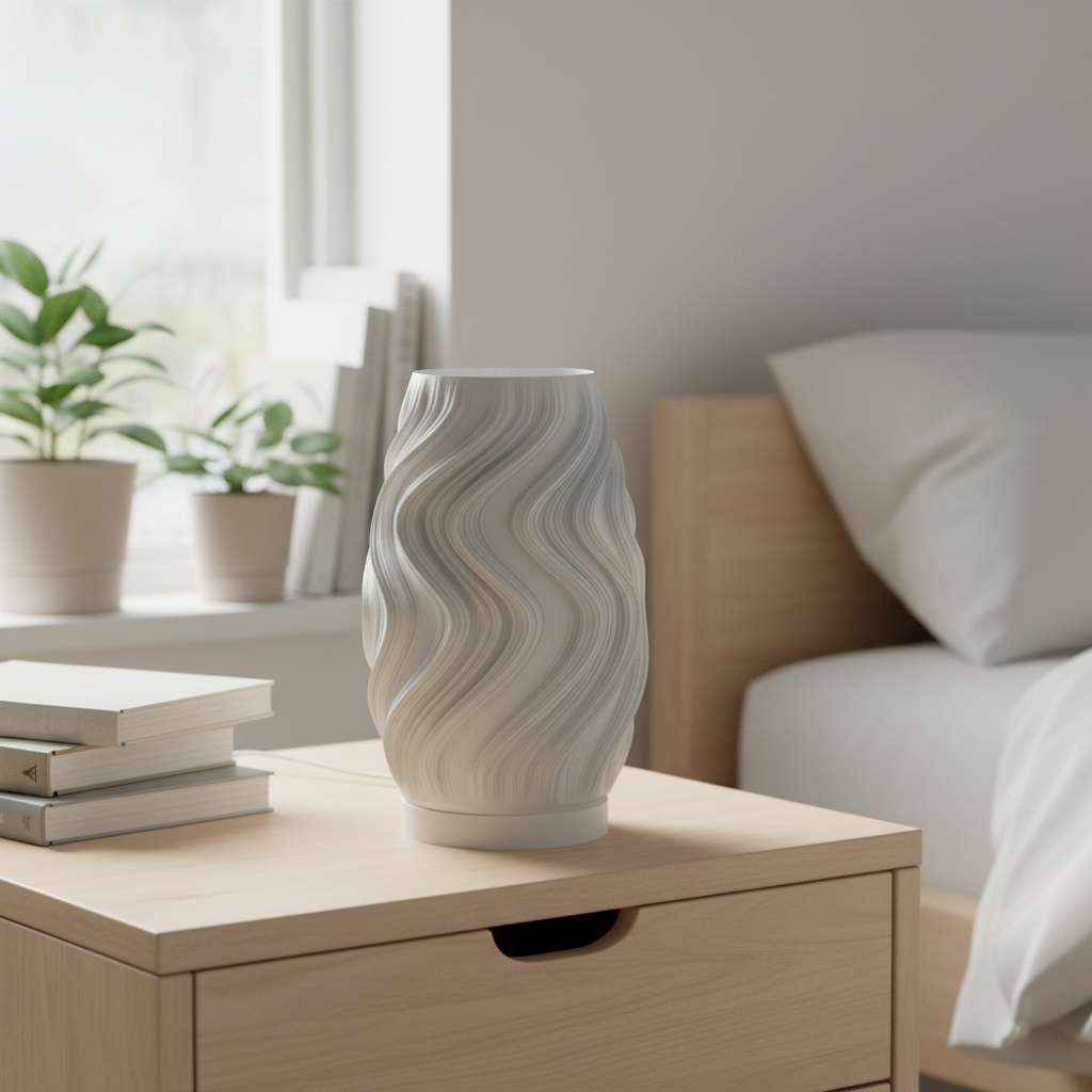 Soren 3D printed LED table lamp with organic rounded silhouette and bold flowing wave texture in jade white, unlit on a wooden bedside table