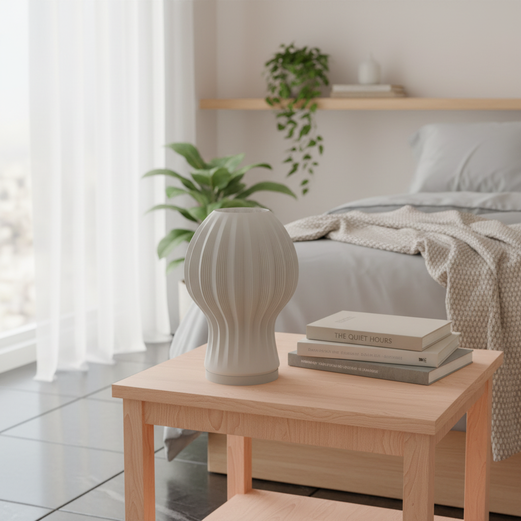 Aurora 3D printed LED table lamp in jade white, glowing on a wooden bedside table