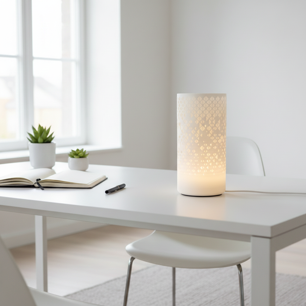 Halen 3D printed LED table lamp with graduating triangle pattern in Jade White, on a white table
