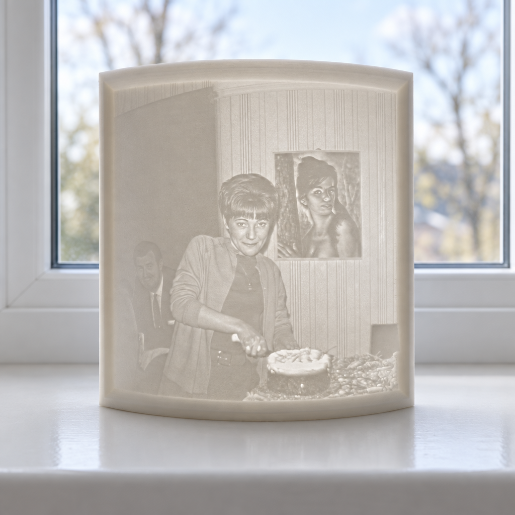 Curved white 12 × 12 cm lithophane panel standing on a window sill, with a portrait visible in natural daylight