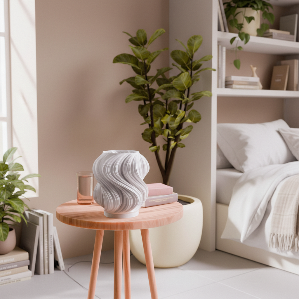 Brisa 3D printed LED table lamp with swirling wave texture in jade white, on a wooden bedside table