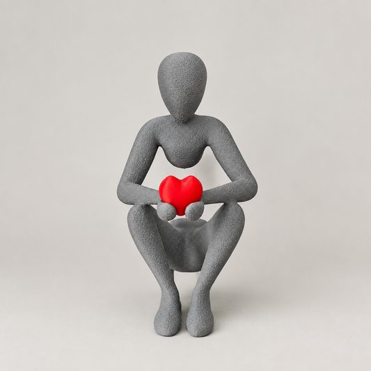 Love's Embrace NObody sculpture in Matte Ash Grey holding a red heart on a warm neutral studio background, front view
