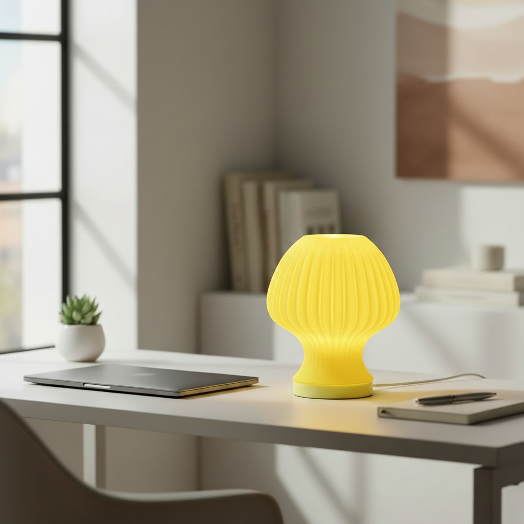 Blob Mushroom LED lamp in Sunflower Yellow glowing on a desk in a bright workspace