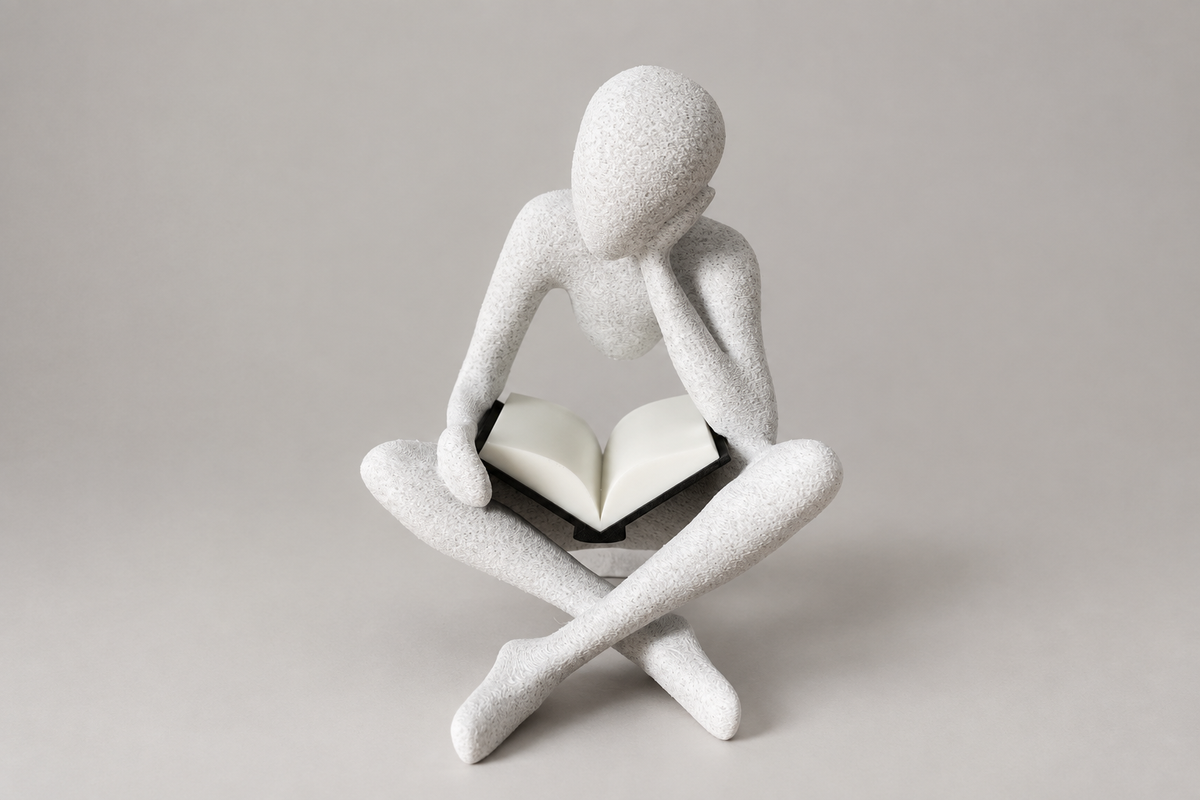 Side view of The Reader NObody sculpture in White Marble with the curved-page book.
