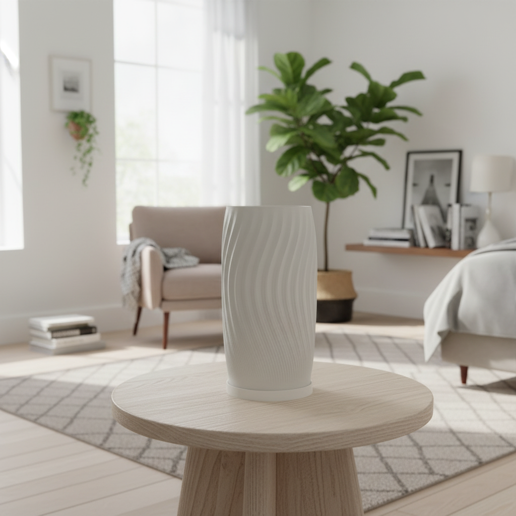 Flow Curve 3D printed LED table lamp with tall cylindrical silhouette and flowing diagonal wave texture in jade white, unlit and centrally framed on a wooden side table
