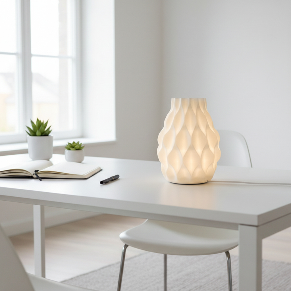 Riva 3D printed LED table lamp with geometric rail-swept design in Jade White, on a white table