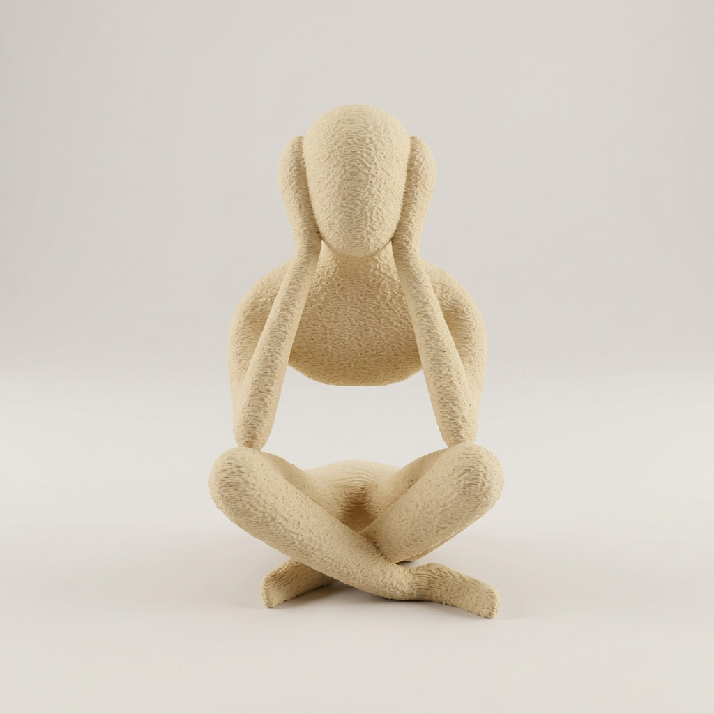 Textured seated hear no evil sculpture with hands covering its ears.