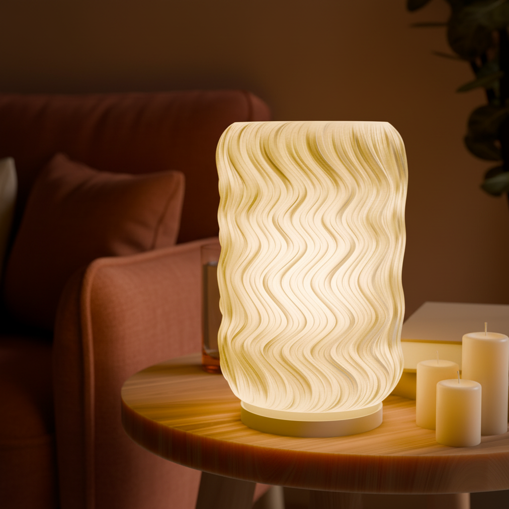 Tide sculptural table lamp casting warm glow in a cosy evening living room — UK made 3D printed lighting