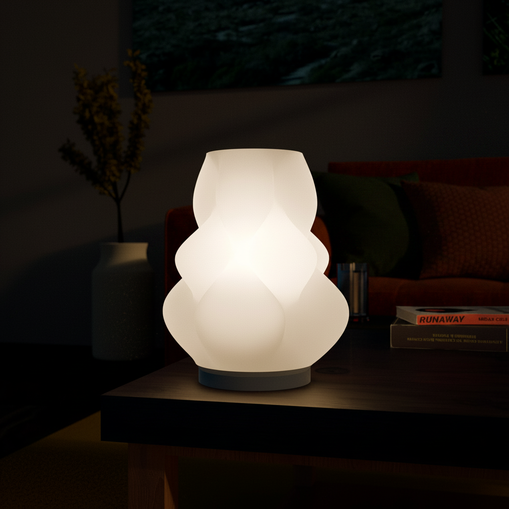 Lumen Bloom sculptural table lamp casting warm glow in a cosy evening living room — UK made 3D printed lighting