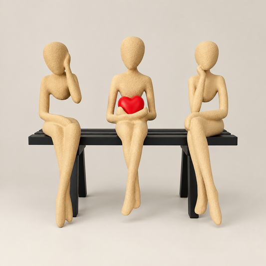 Three Matte Desert Tan shelf-sitting figures displayed together on their Black PETG bench, available separately