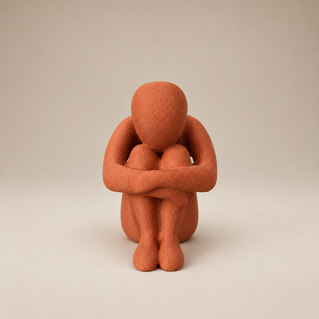 Front view of matte terracotta Introspection V2 sculpture, a faceless figure seated with arms around its knees
