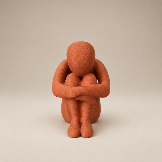 Front view of matte terracotta Introspection V2 sculpture, a faceless figure seated with arms around its knees