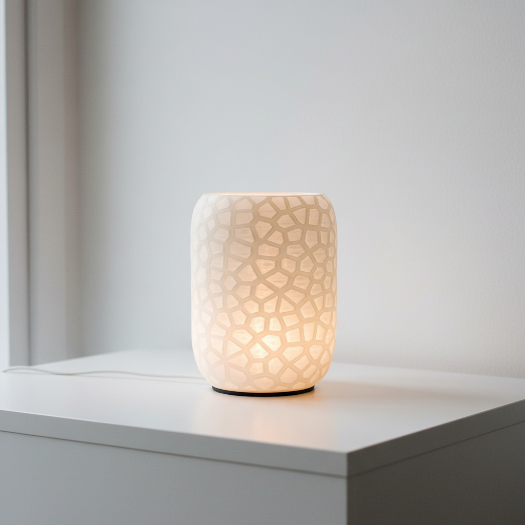 Voronoi Table Lamp in Jade White PLA glowing on a clean white surface with soft natural window light